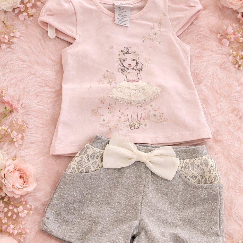 Kids Matching Set - Pink T-Shirt & Gray Lace-Trim Shorts
